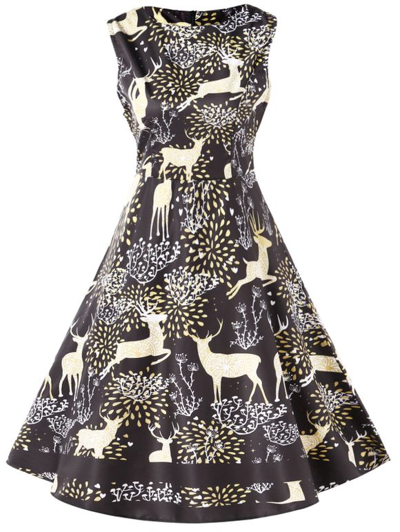 Robe Vintage Cerf de Noël Imprimé - Noir XL