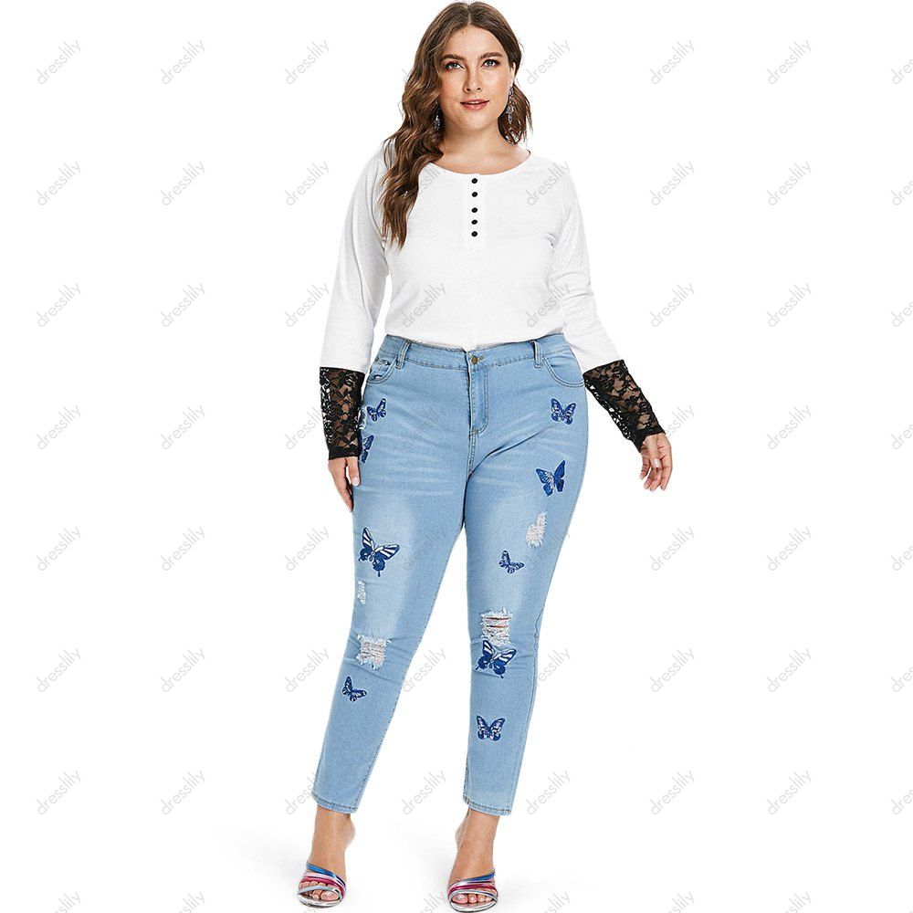 

Plus Size Butterfly Embroidered Zipper Jeans, Jeans blue