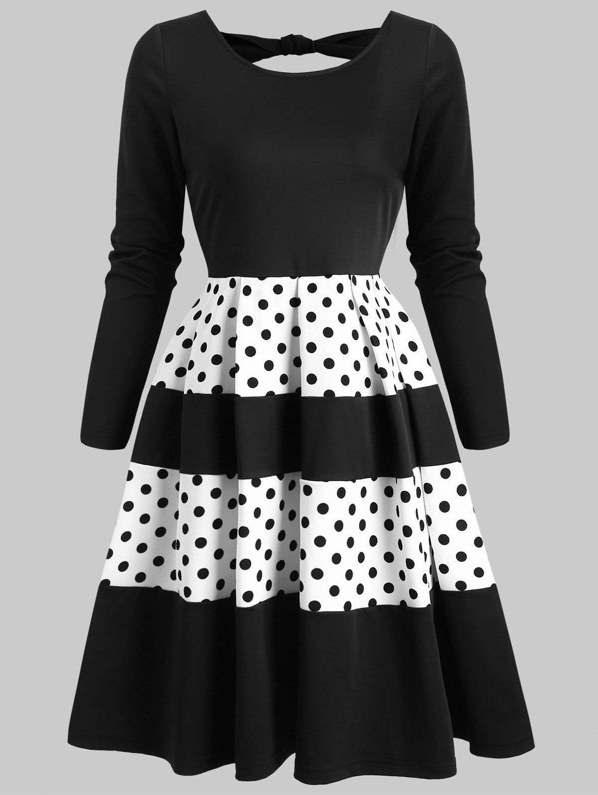 Polka Dot Back Cut Out Flare Rockabilly Style Dress - BLACK L