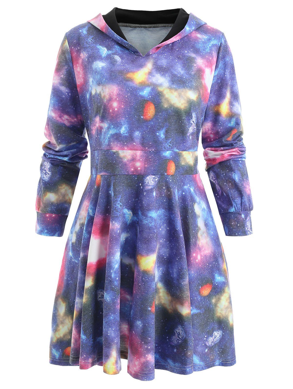 Long Sleeve Planet Hoodie Dress - ROYAL BLUE XL