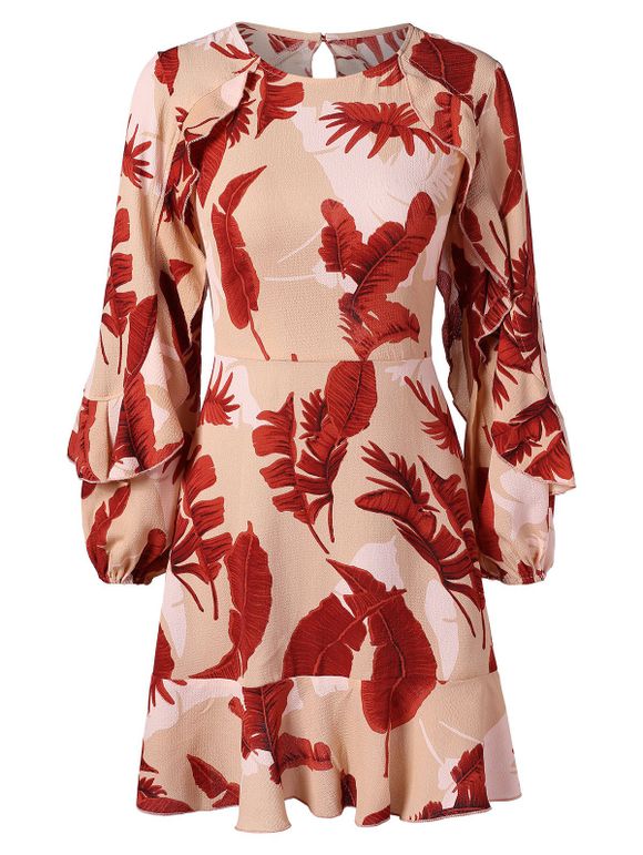 Leaf Print Cut Out Flounce Dress - multicolor XL