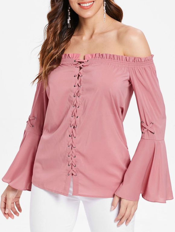 Long Sleeve Lace Up Ruffled Trim Blouse - PINK XL