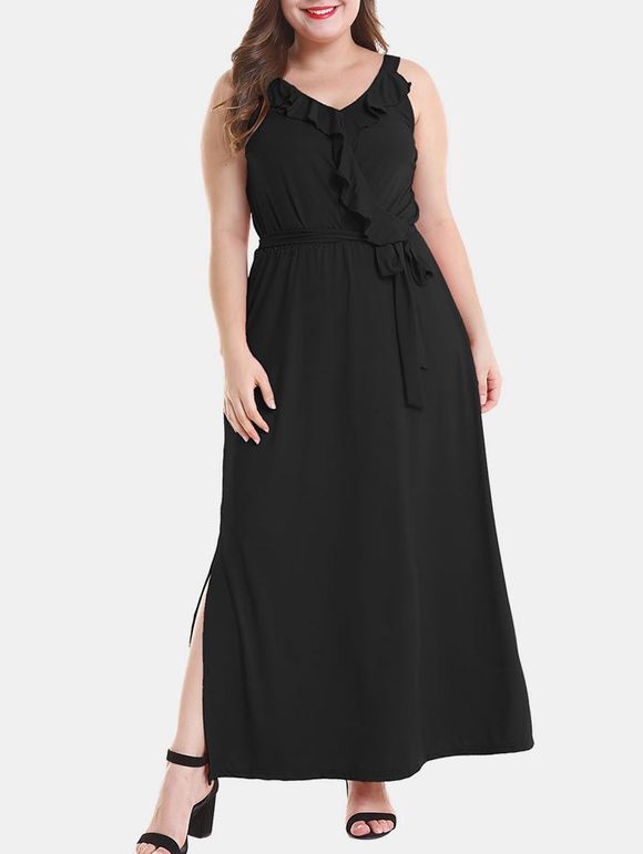 Robe Fendue Détaillée de Grande Taille à Col V - Noir L