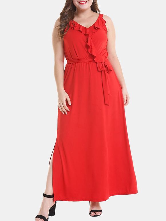 Robe Fendue Détaillée de Grande Taille à Col V - Rouge L