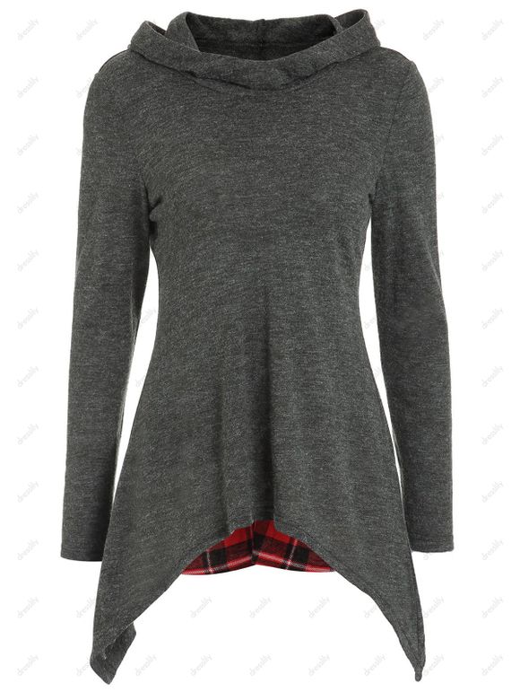 T-shirt à Capuche Panneau à Tartan à Manches Longues - Gris Foncé M