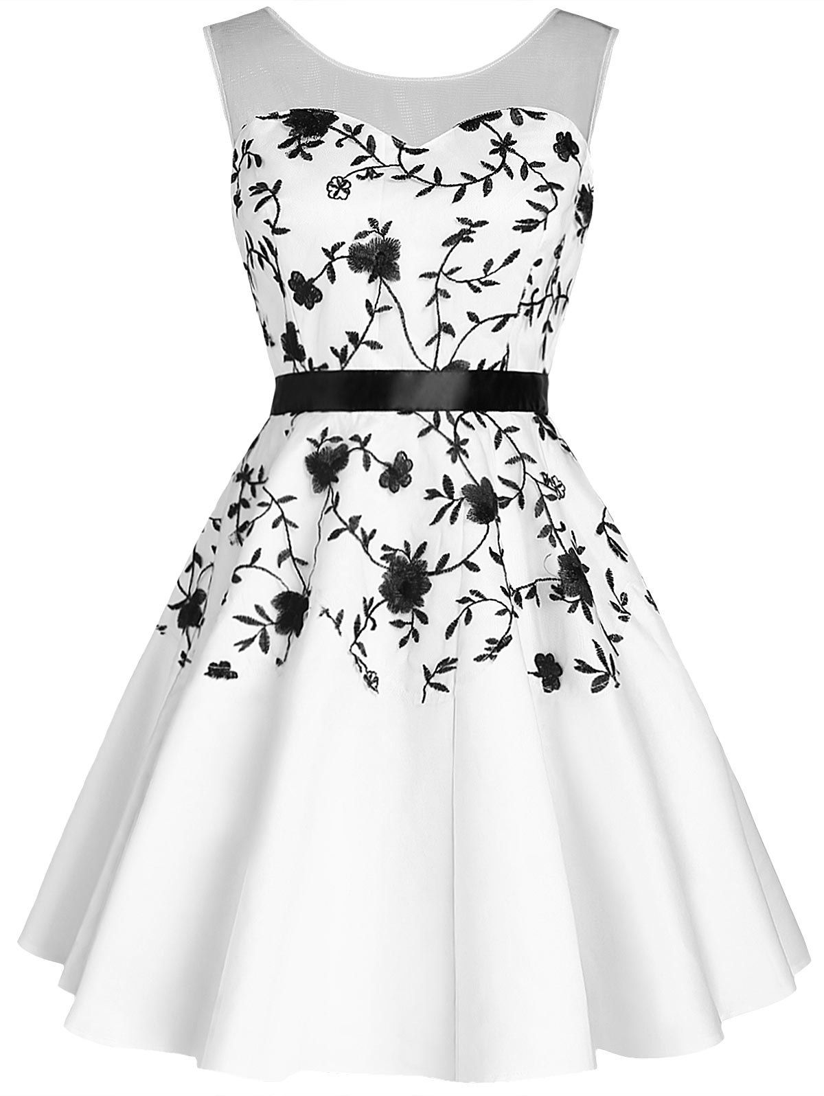 Floral Low V Back Sleeveless Flare Dress - WHITE L
