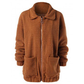 

Drop Shoulder Zipper Faux Fur Coat, Brown