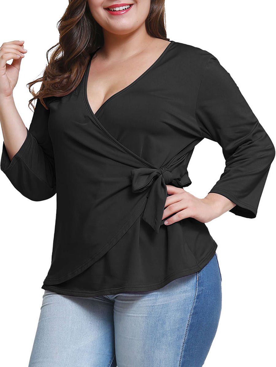 

Plus Size V Neck Wrap Blouse, Black