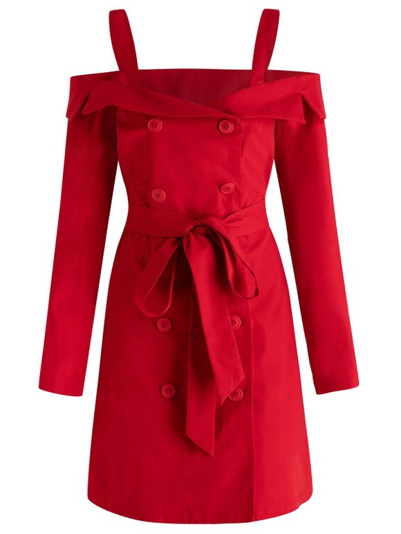 Robe à Epaule Dénudée de Grande Taille avec Double Boutonnage - Rouge 1X