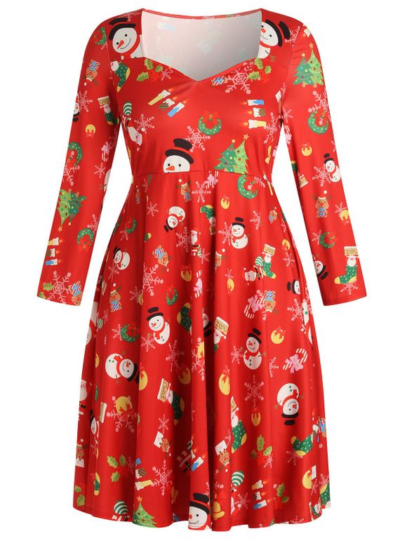 Robe Midi de Noël Imprimée de Grande Taille - Rouge L