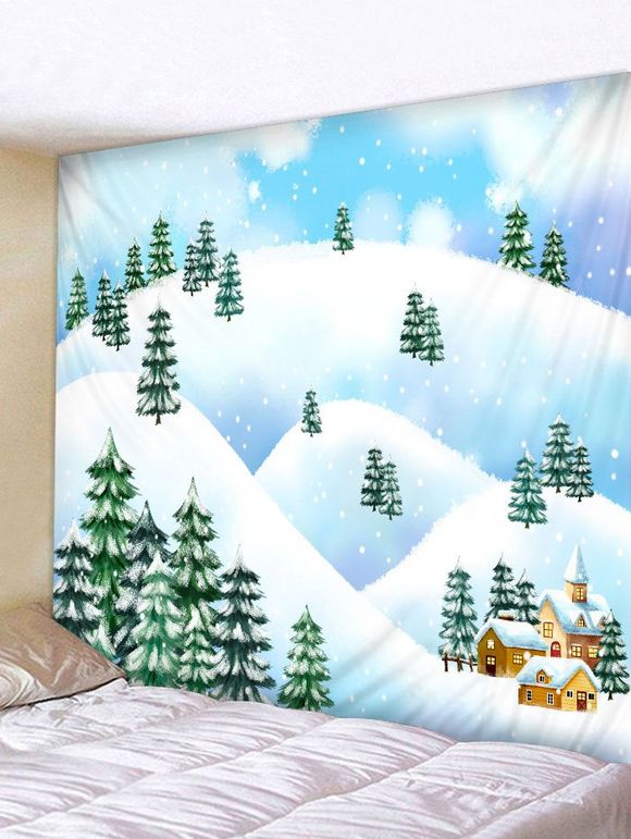 Tapisserie Murale Pendante de Noël Neige Maison et Montagne Imprimées - Blanc Naturel W59 X L51 INCH