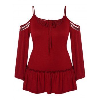 

Cold Shoulder Drop Waist Plus Size T-shirt, Red wine
