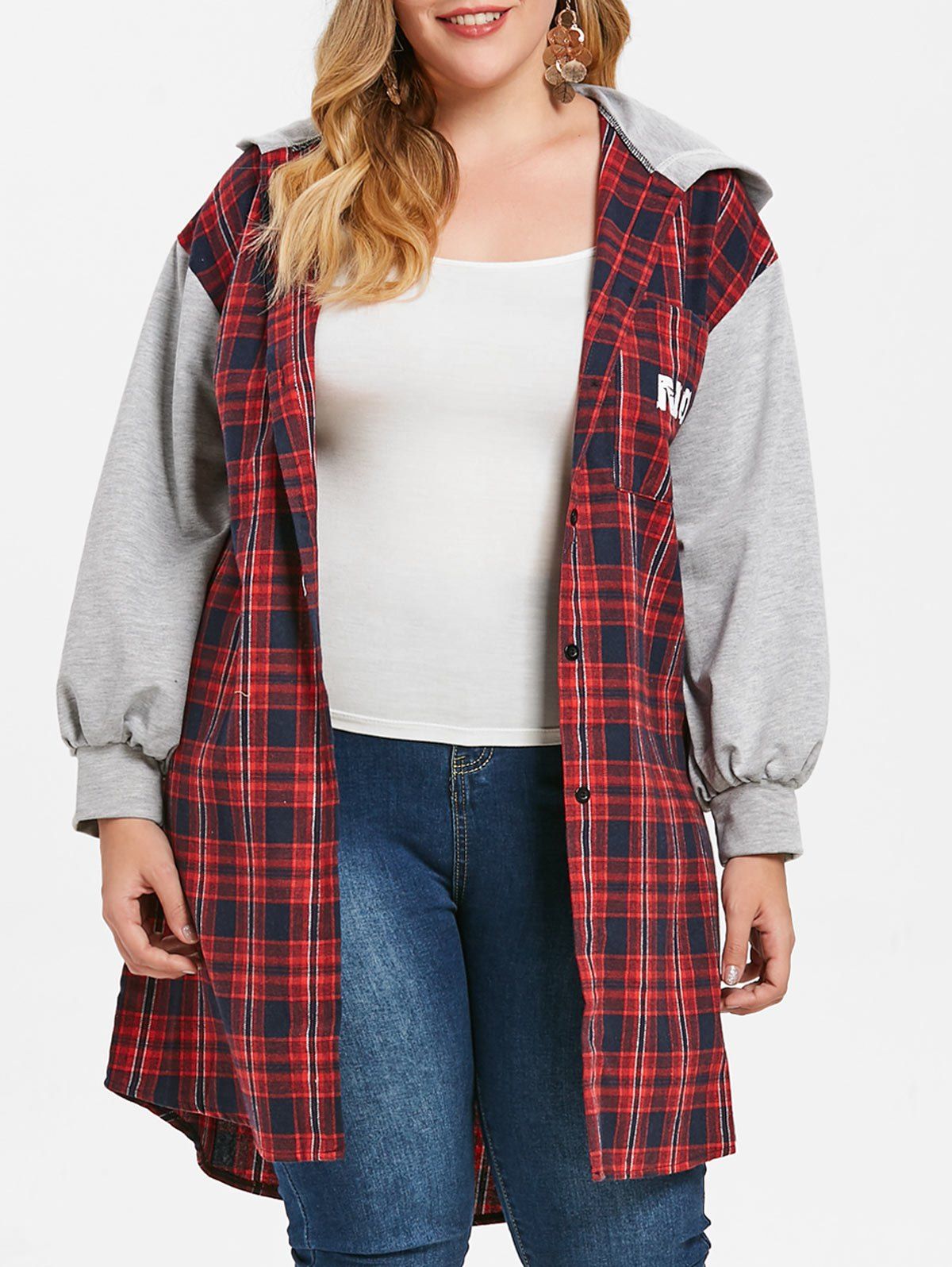 

Plus Size Plaid Back Printed Coat, Red