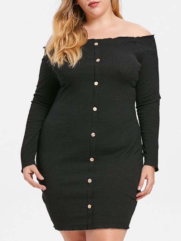 Robe Côtelée à Epaule Dénudée Grande Taille - Noir L