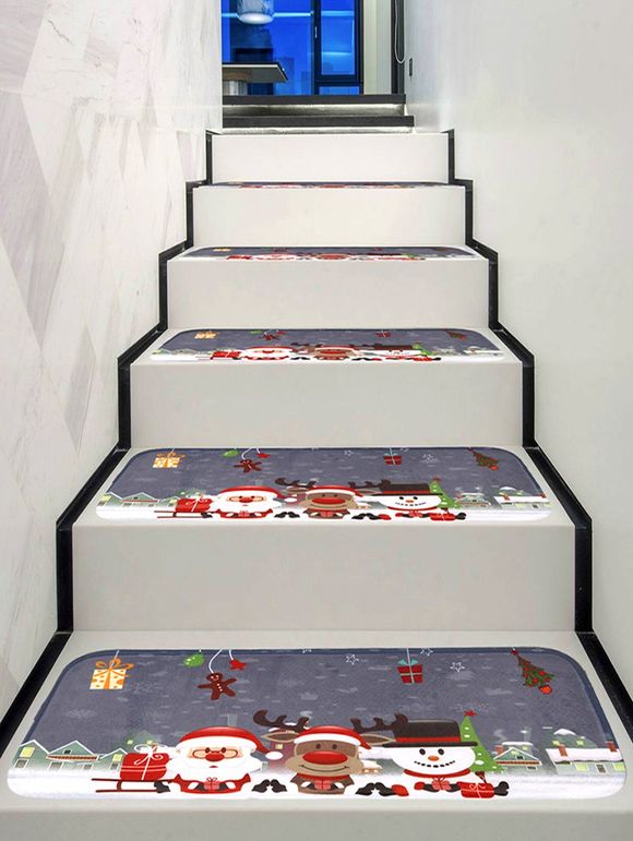Tapis d'Escalier Joyeux Noël Dessin Animé Imprimé - multicolor 5PCS X 28 X 9 INCH