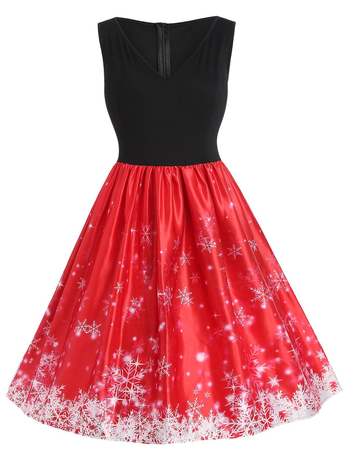 Plus Size Vintage Snowflake Christmas Dress - RED L