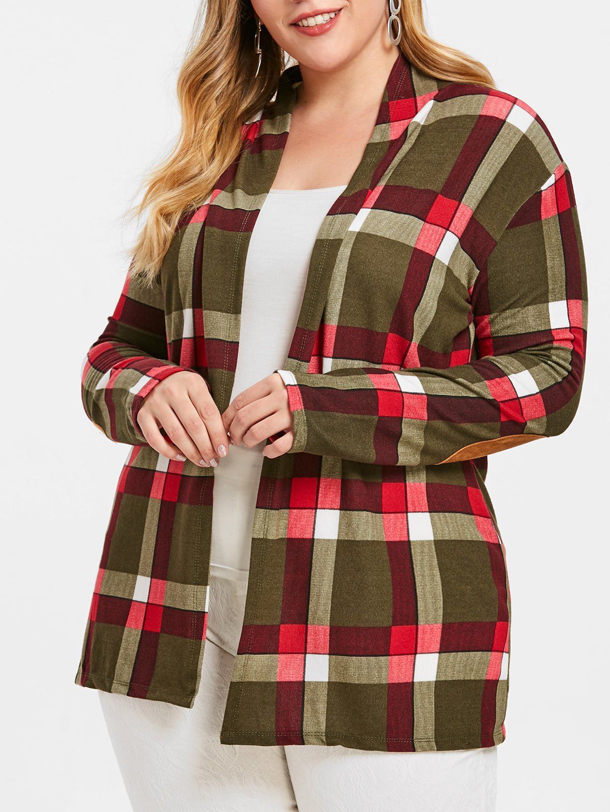 

Elbow Patch Checked Plus Size Cardigan, Army green