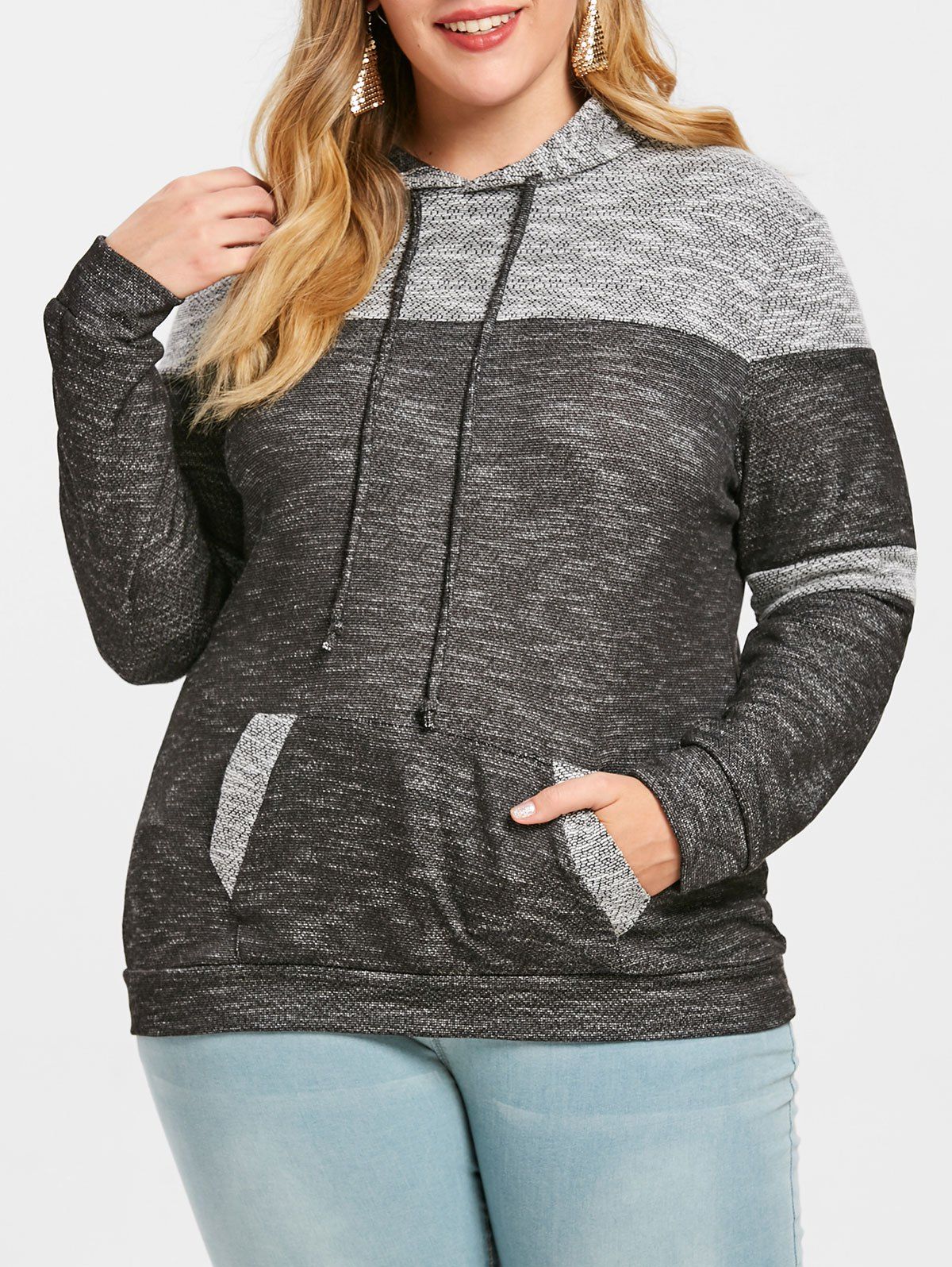 

Pouch Pocket Plus Size Pullover Hoodie, Gray