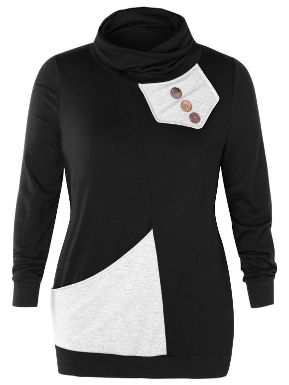 Sweat-shirt Embelli de Bouton de Grande Taille à Col Bénitier - Noir 1X