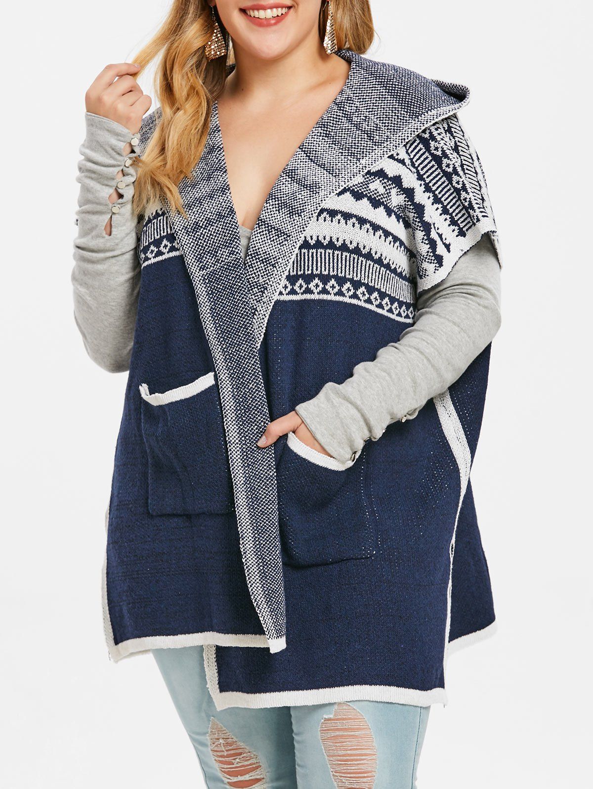 

Plus Size Printed Hooded Cardigan, Marble blue