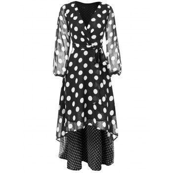 

V Neck Polka Dots Maxi Chiffon Wrap Dress, Black