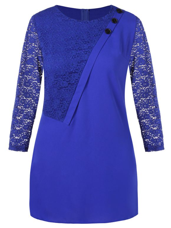 Robe de Bureau en Dentelle Insérée de Grande Taille - Bleu L
