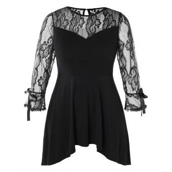 

Plus Size Asymmetrical Lace Insert T-shirt, Black