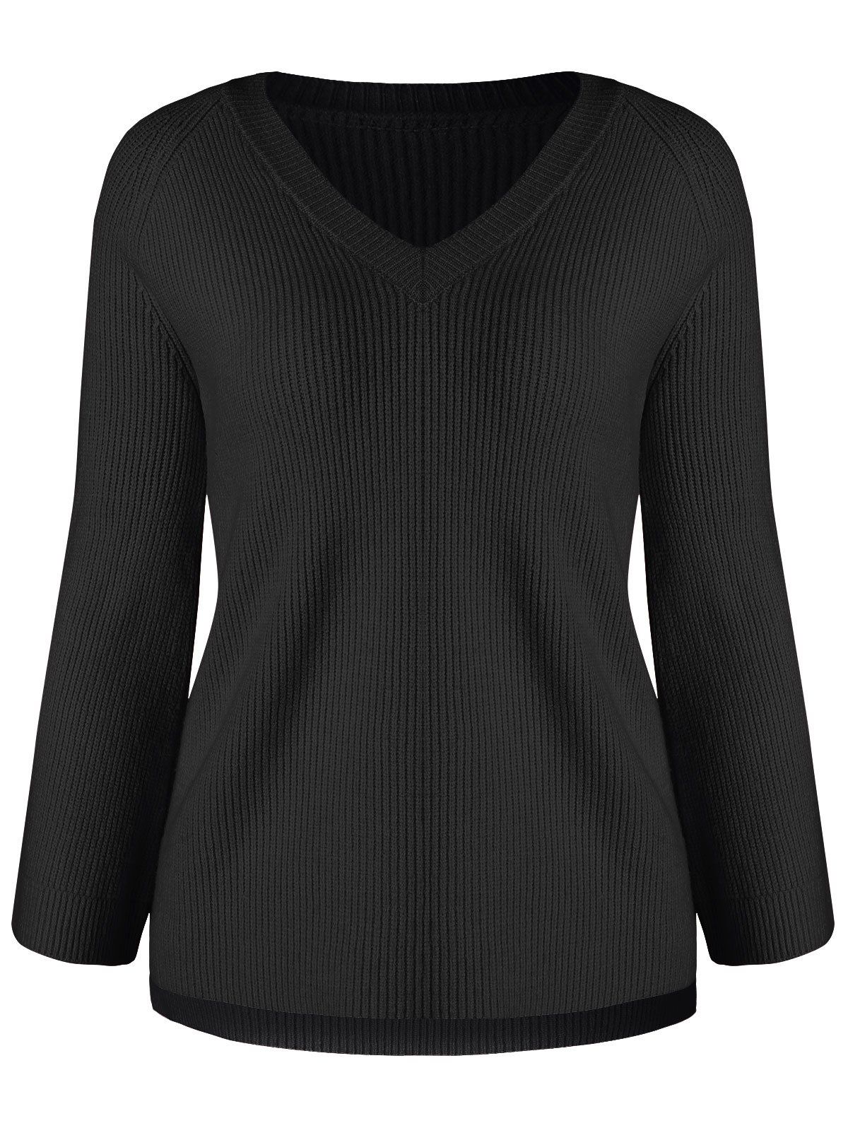 

V Neck Raglan Sleeve Asymmetrical Sweater, Black