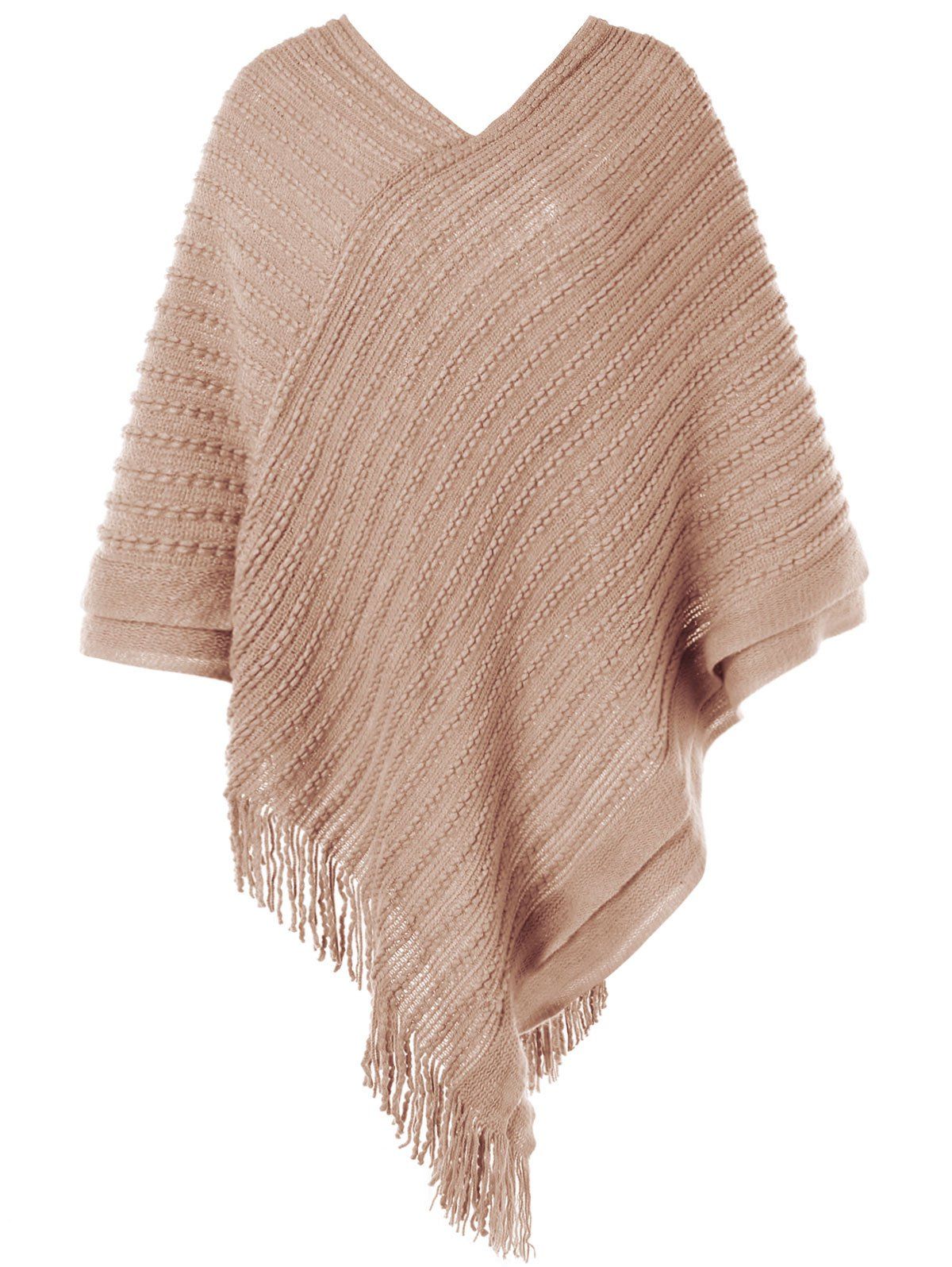 

Cable Knit Fringed Sweater Cape, Light khaki