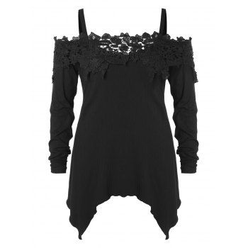 

Plus Size Cold Shoulder Lace Insert Asymmetric T-shirt, Black