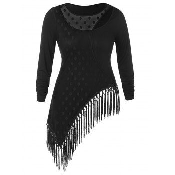 

Plus Size Mesh Overlay Cut Out Fringed T-shirt, Black