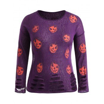 

Plus Size Pumpkin Lantern Print Ripped T-shirt, Purple