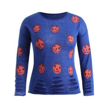 

Plus Size Pumpkin Lantern Print Ripped T-shirt, Blue