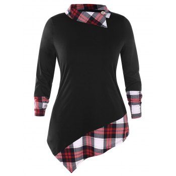 

Plus Size Plaid Panel Asymmetric Long Tee, Black