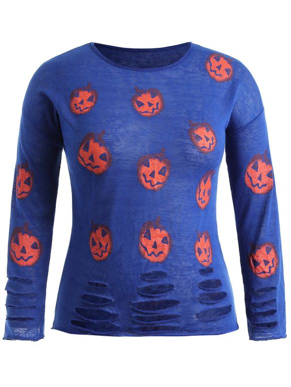 T-shirt d'Halloween Lanterne de Citrouille Imprimée de Grande Taille - Bleu 4X