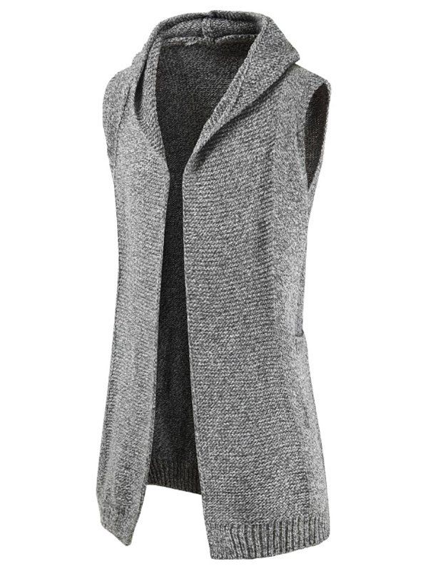 

Long Open Front Sleeveless Knitted Hooded Cardigan, Light gray