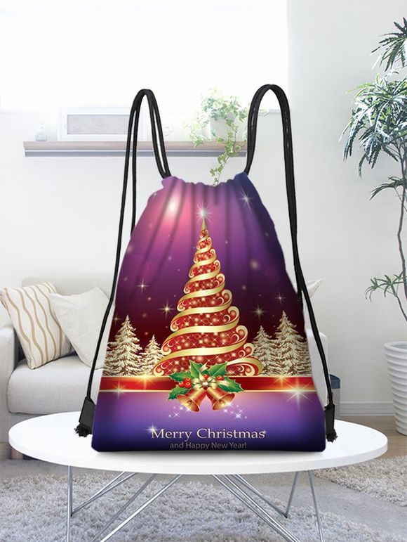 Sac Rangement de Cadeaux avec Cordon de Serrage à Imprimé Sapin de Noël Scintillant - multicolor 