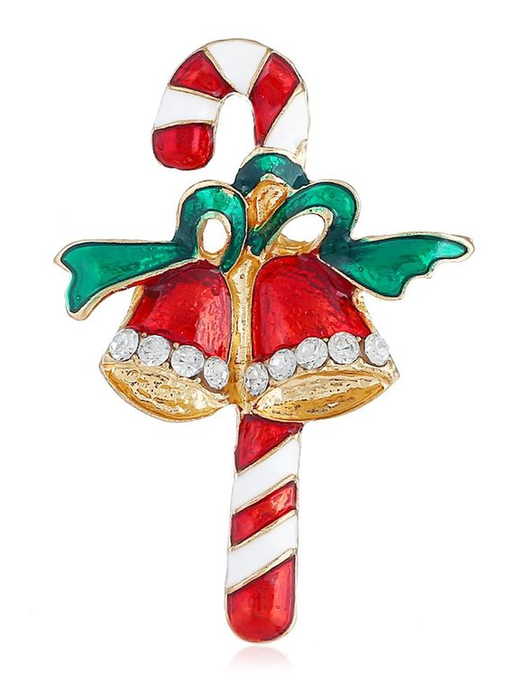Christmas Cane Bell Rhinestone Brooch - multicolor 
