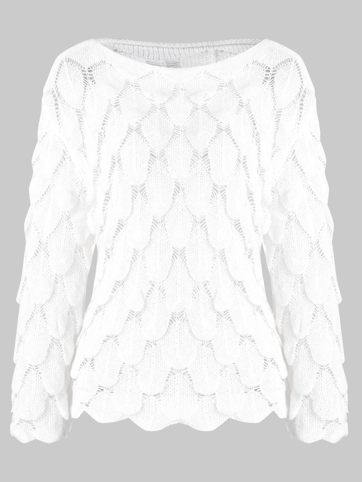 

Boat Neck Openwork Knitted Pullover Sweater, Milk white