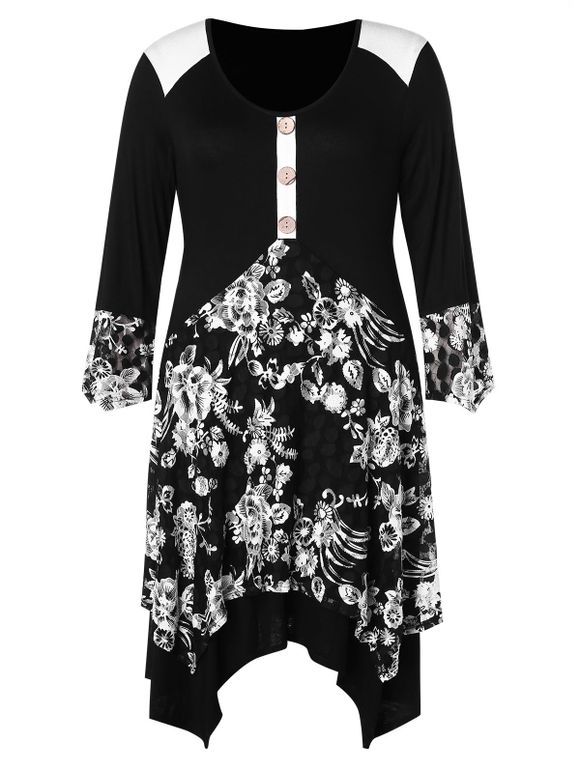 Robe Asymétrique Fleurie Imprimée de Grande Taille - Noir 3X