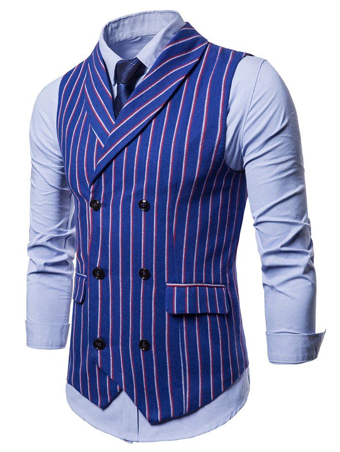 

Double Breasted Shawl Collar Striped Waistcoat, Blue
