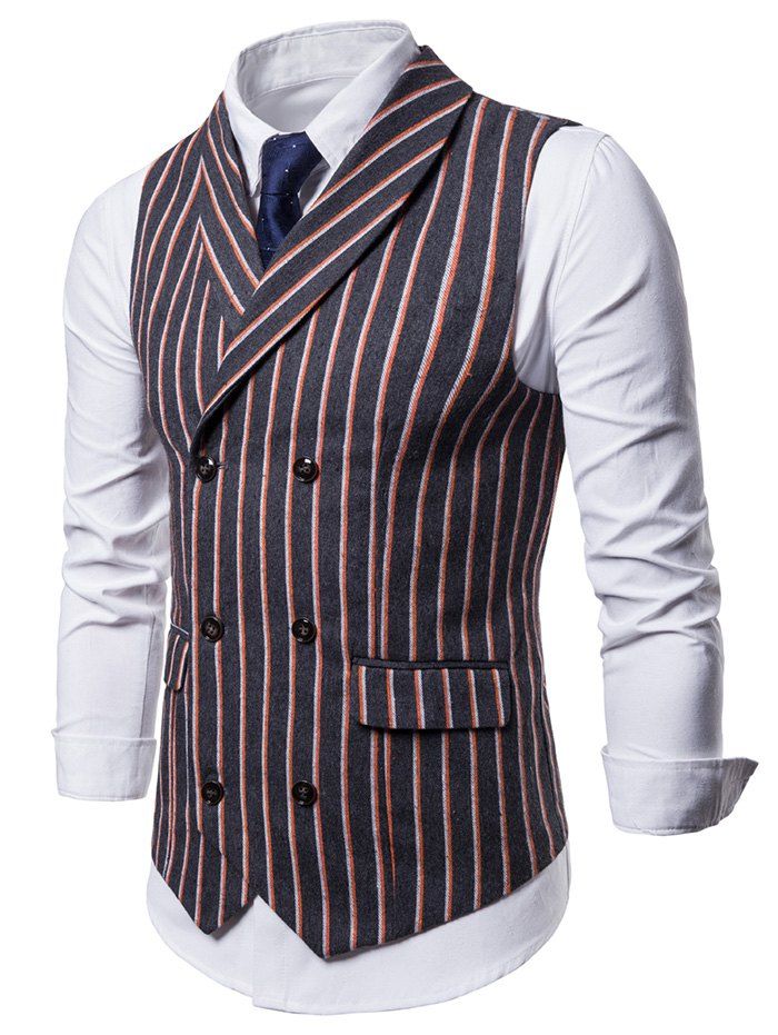 

Double Breasted Shawl Collar Striped Waistcoat, Dark slate grey