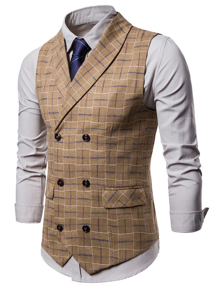 [41% OFF] 2021 Double Breasted Shawl Collar Checked Waistcoat In ...