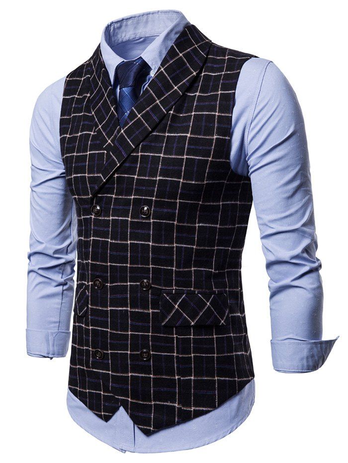 

Double Breasted Shawl Collar Checked Waistcoat, Black