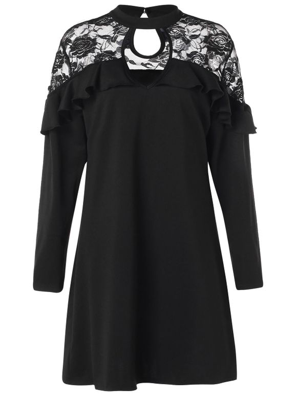 Robe Panneau en Dentelle à Volants avec Trou Pouce - Noir 4X