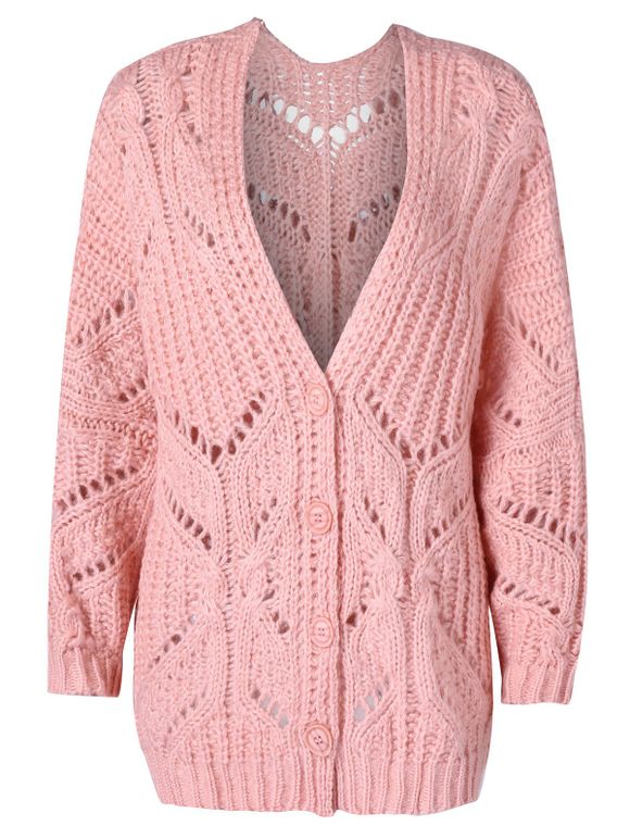 Button Up Hollow Out Crochet Cardigan - PINK L