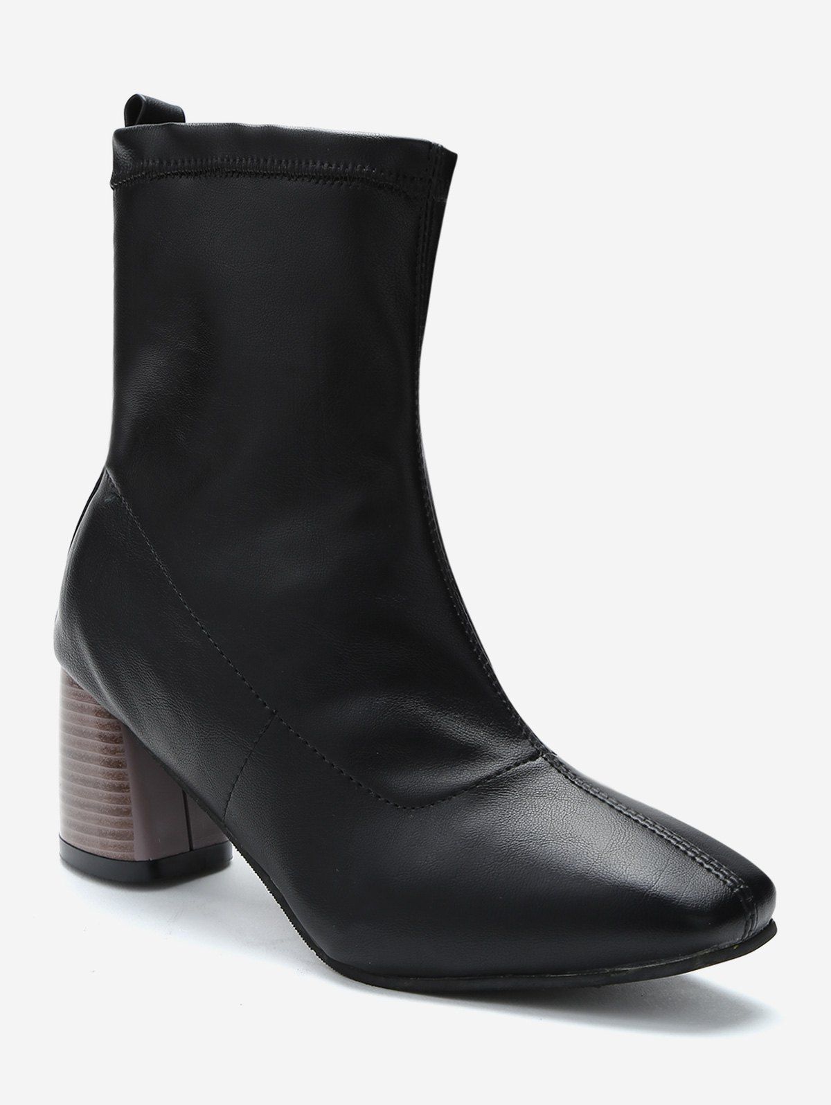 

Stacked Heel PU Leather Ankle Boots, Black