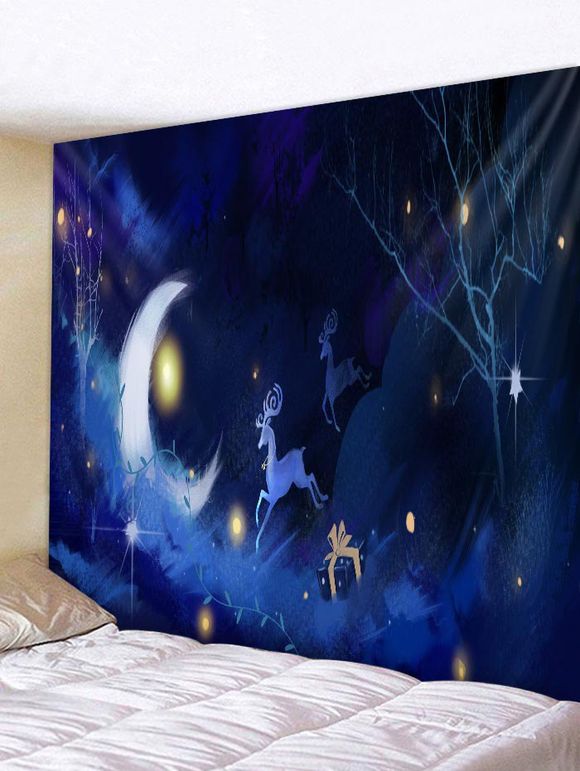 Tapisserie Art Décoration Murale Pendante de Noël Cerf dans Lune Imprimé - Bleu Foncé Toile de Jean W91 X L71 INCH
