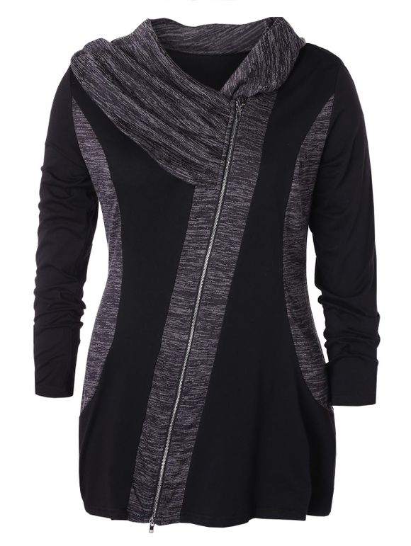 Manteau Oblique Zippé de Grande Taille - Noir 3X