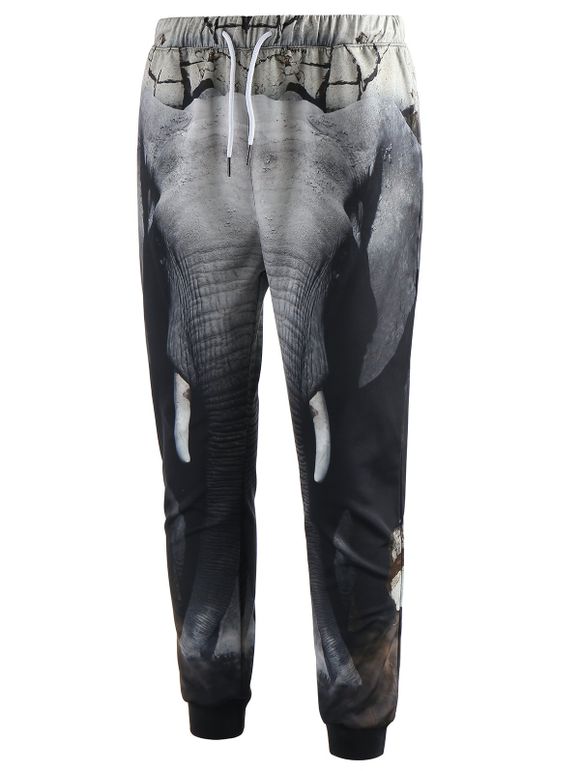 Pantalon de Jogging Eléphant Imprimé Taille à Cordon - Gris 3XL